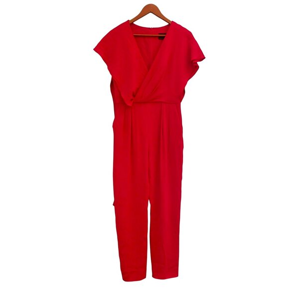 MAX MARA Red Jumpsuit Size 8 Draped Shoulder Tapered Leg V Neck Flutter Sleeves - Picture 9 of 16